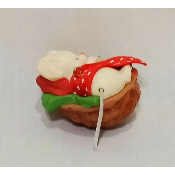 Mouse Sleeping in Walnut Shell Christmas Ornament 1984 Hallmark 1" Resin Bear - Picture 3 of 4
